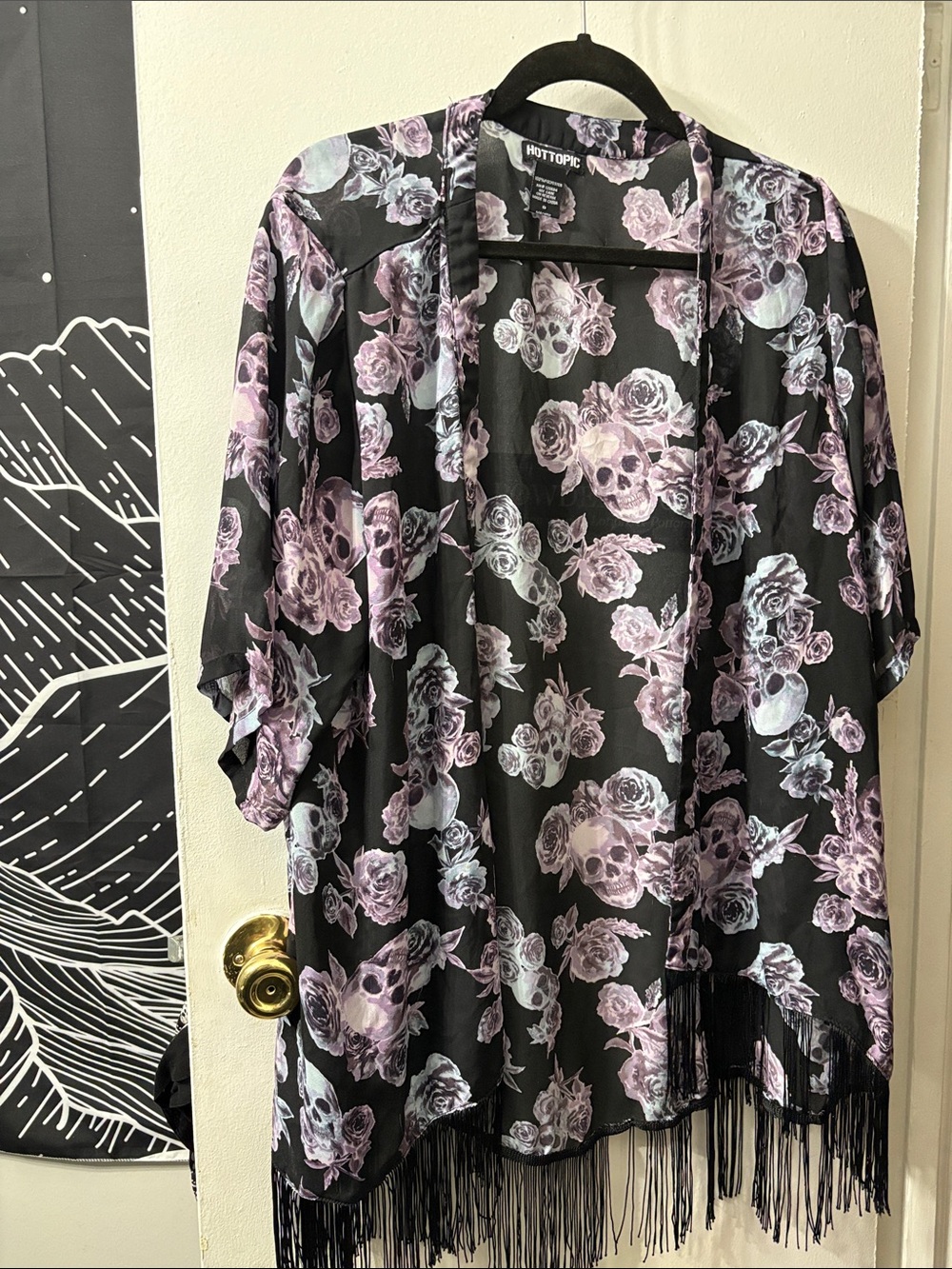 Hot Topic Black & Lavender Skull Rose Fringe Kimono Size 0X Plus Size